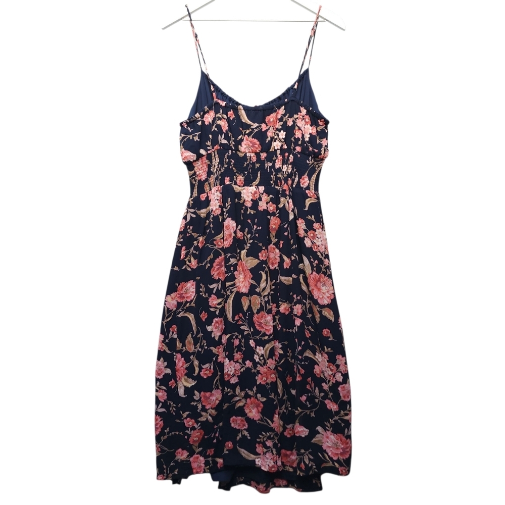 Bila 77 Floral Milkmaid Smocked Navy Midi Dress with Spaghetti Straps And Slit - Picture 2 of 10